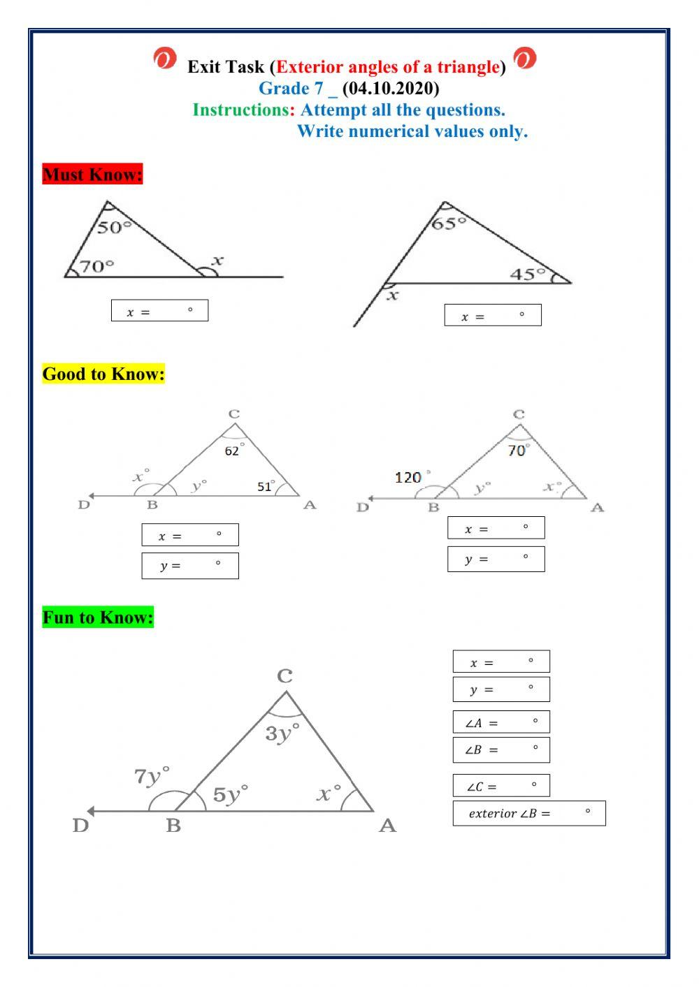 Exterior angles of a triangle worksheet | Live Worksheets exterior-angles-of-a-triangle-worksheet-live-worksheets