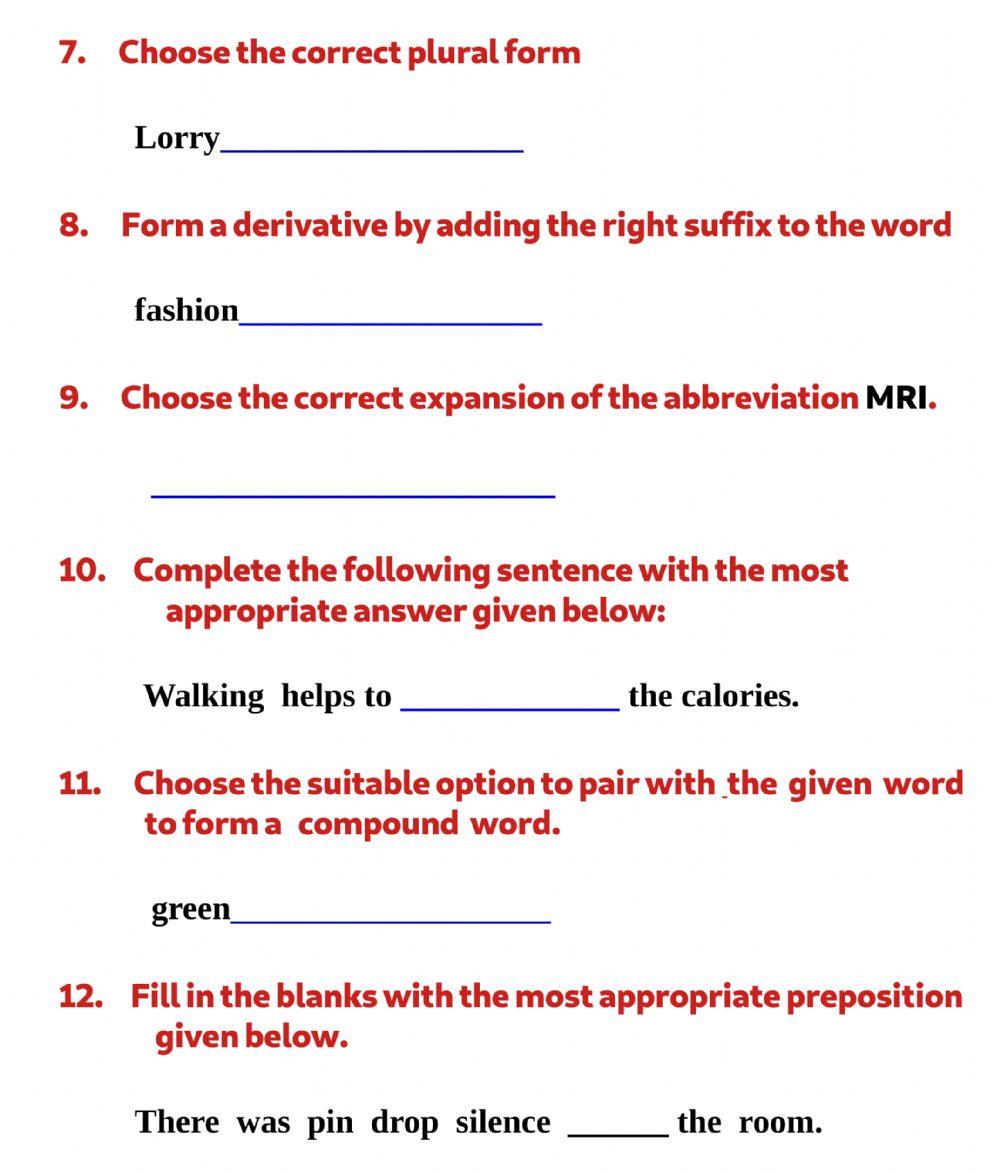 English Question Paper One Marks -Set 2