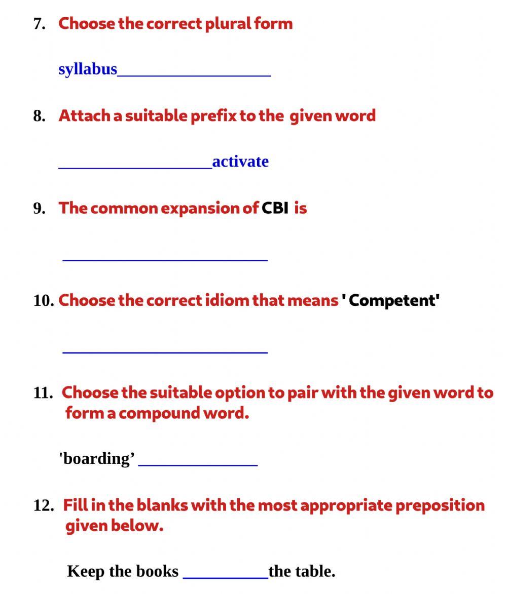 English Question Paper One Marks -Set 4