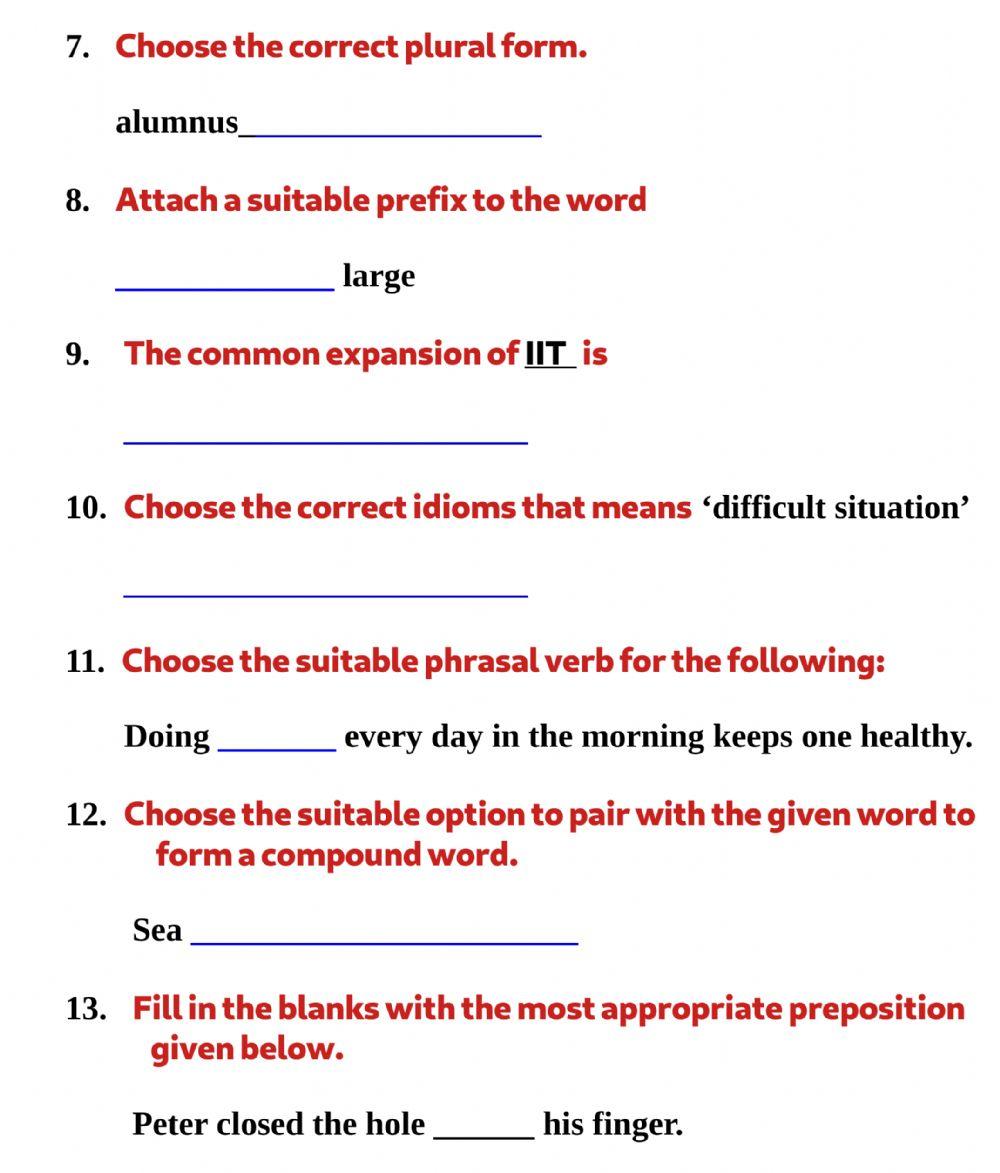 English Question Paper One Marks -Set 5