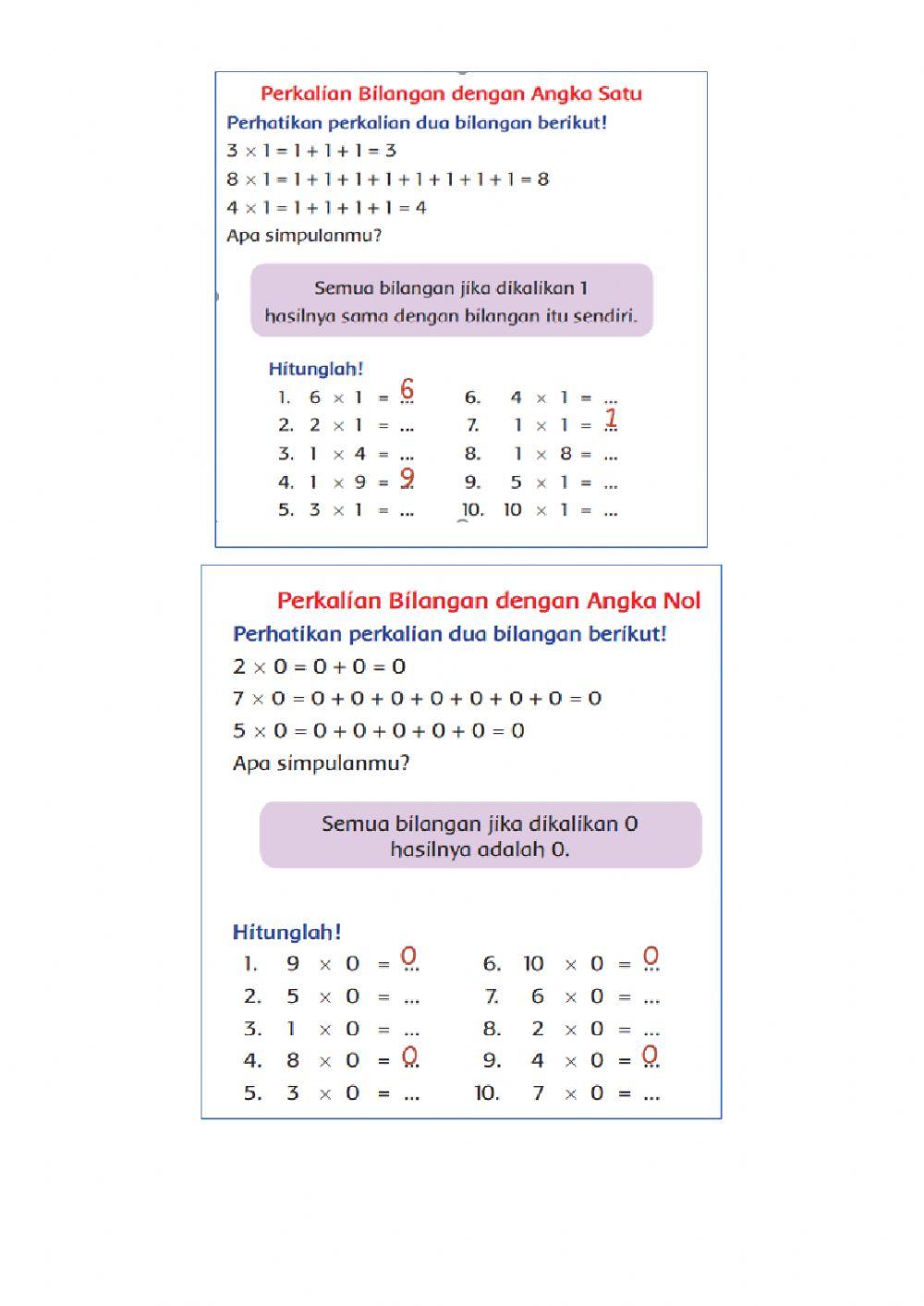 Perkalian bilangan dengan angka 2, 1 dan 0