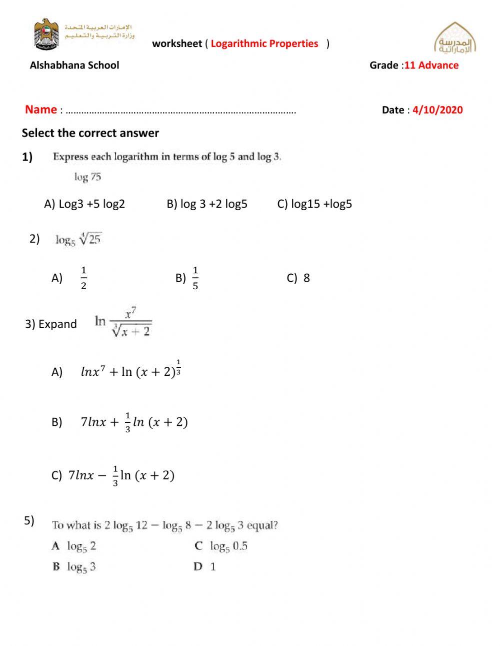 Properties Of Logarithms Worksheet