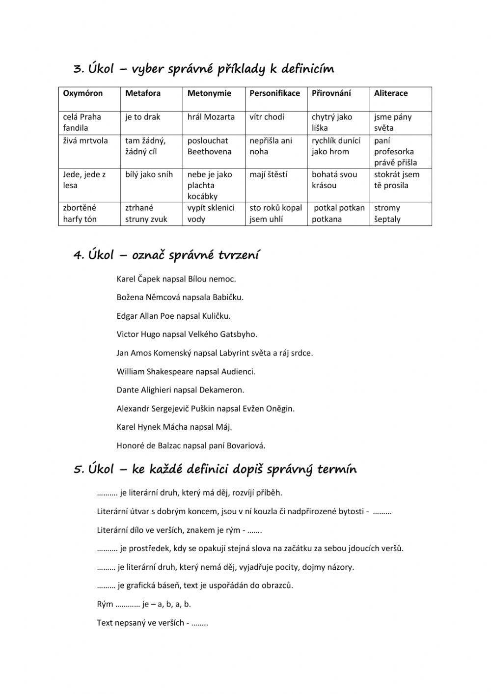 Literární teorie - pracovní list