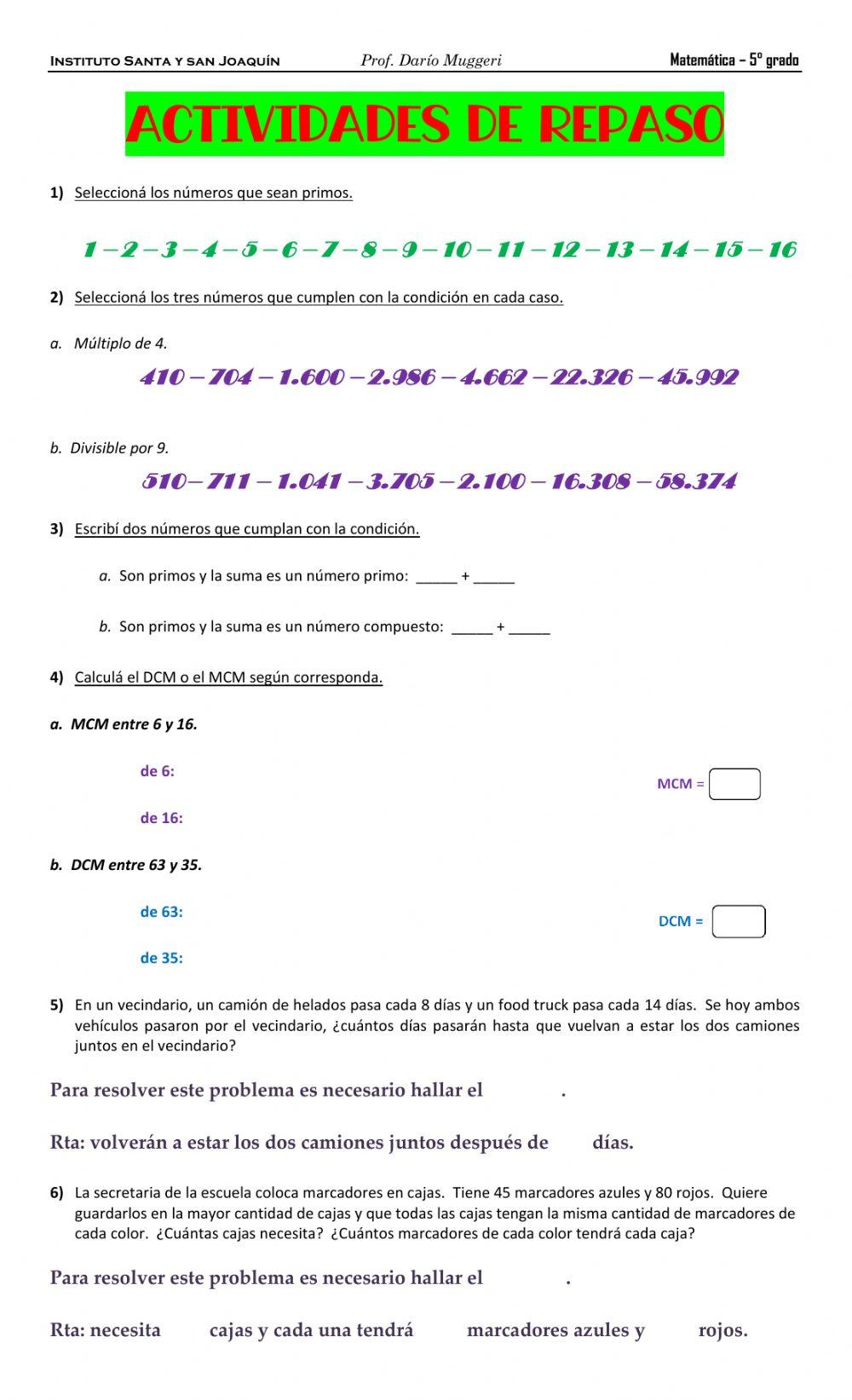 Práctica Múltiplos y Divisores QUINTO GRADO