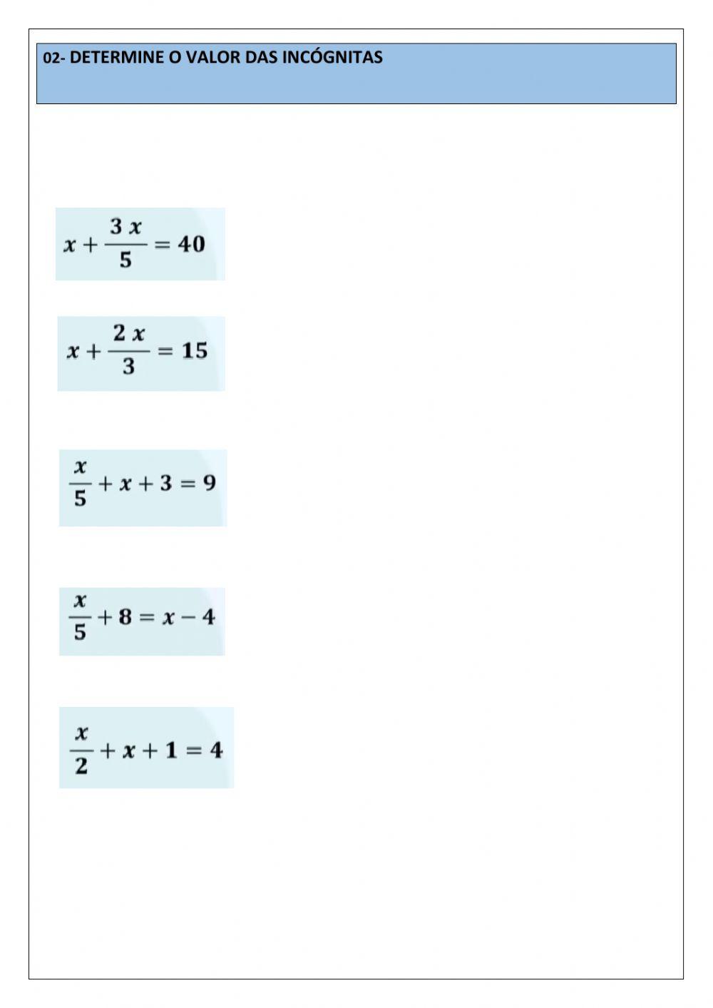 Equação do 1º grau com 2 incógnitas interactive worksheet