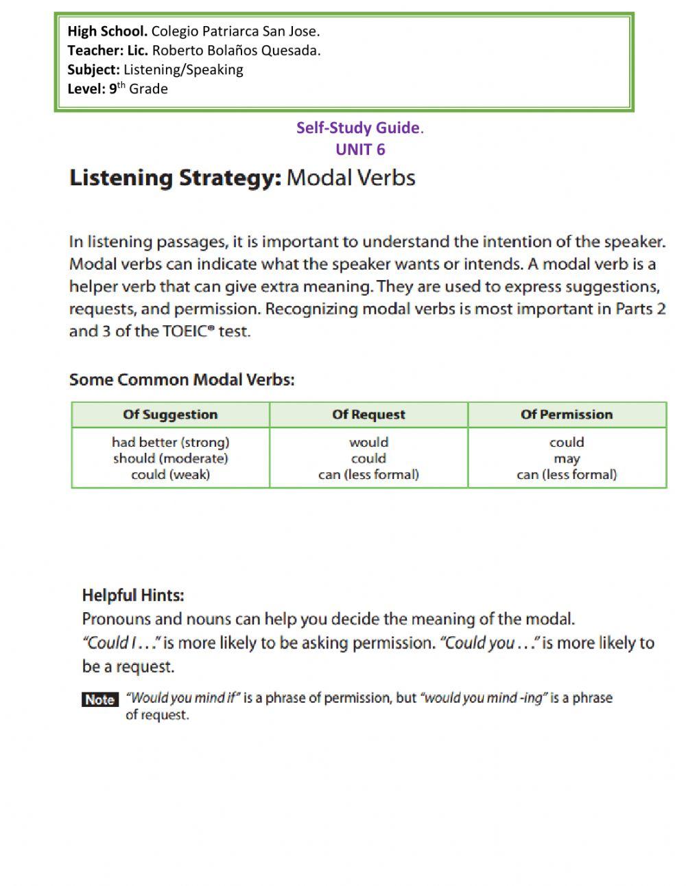 UNIT 6. AROUND THE HOUSE 4. LIISTENING STRATEGY MODALS. 