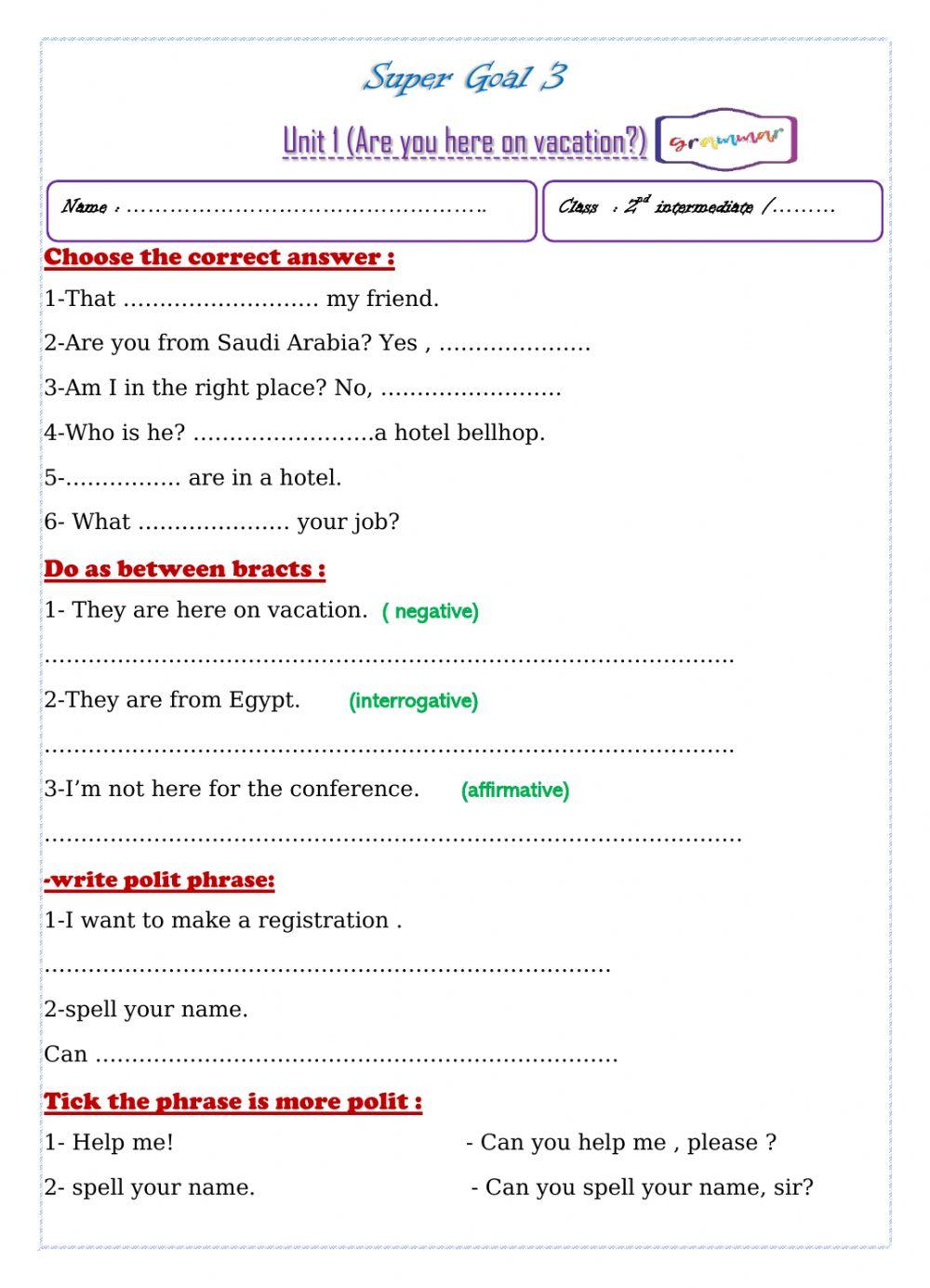 Unit 1 Are you here on vacation?