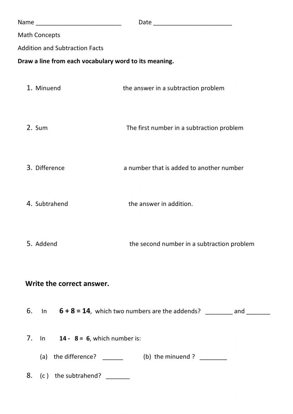 Additition and Subtraction Facts Concepts