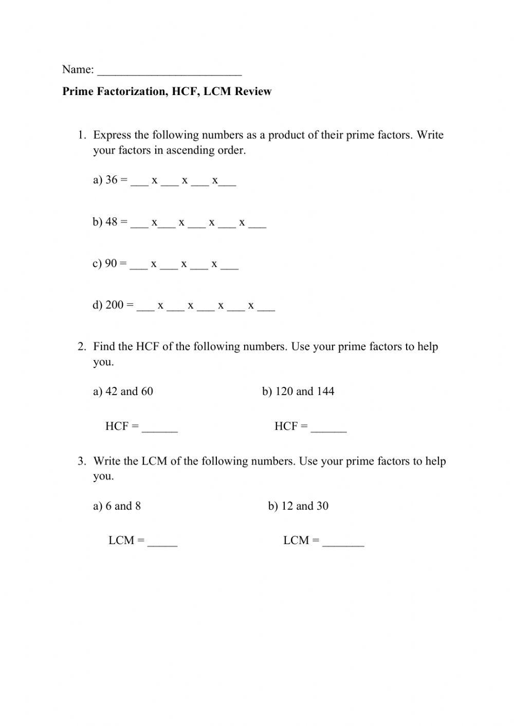 Prime Factorization, LCM, HCF