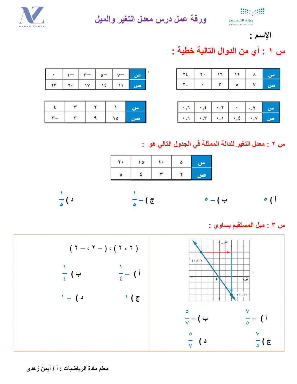ورقة عمل درس معدل التغير والميل