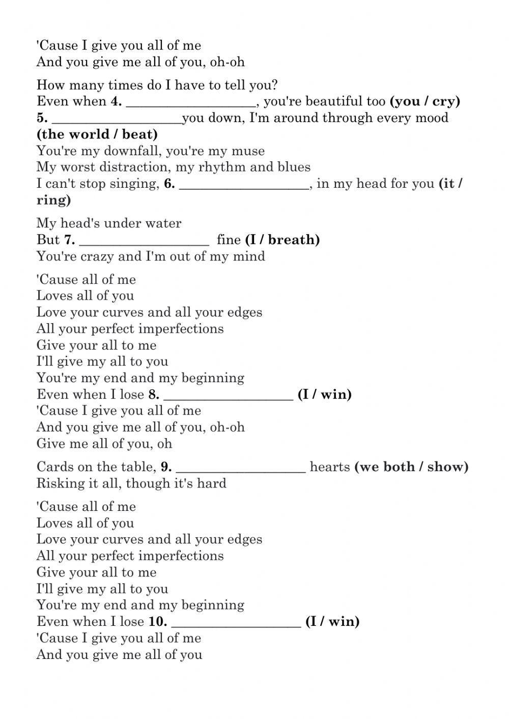 Song Activity All Of Me Worksheet Live Worksheets Song Activity All Of Me Worksheet Live Worksheets