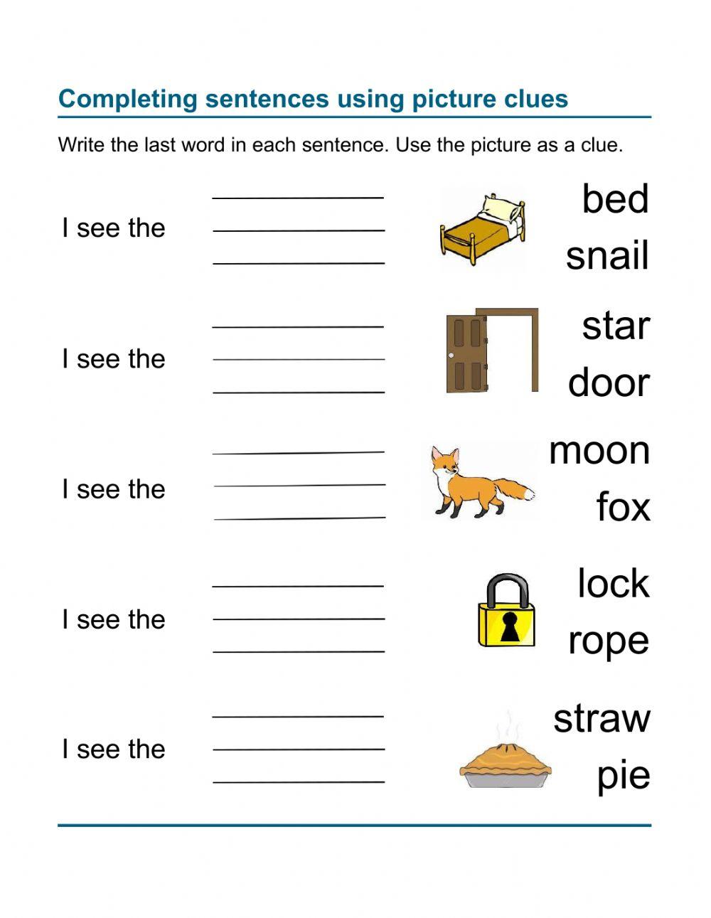 Reading Comprehension - complete the sentences 5 (KG-Gr1) worksheet ...