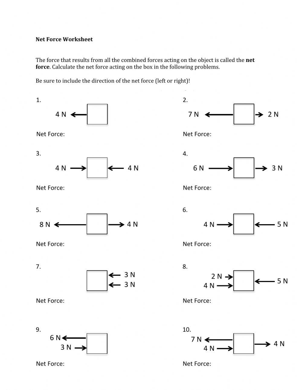 Calculating Net Force Worksheet online exercise for Live Worksheets