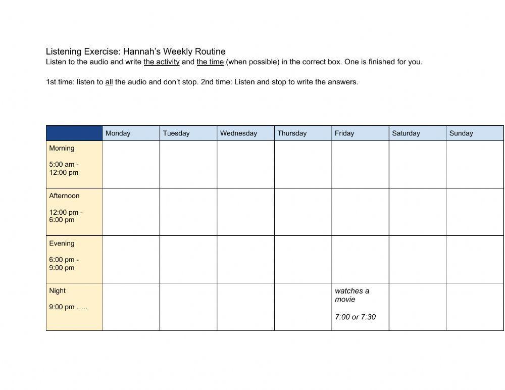 Weekly Routine - Listening Activity