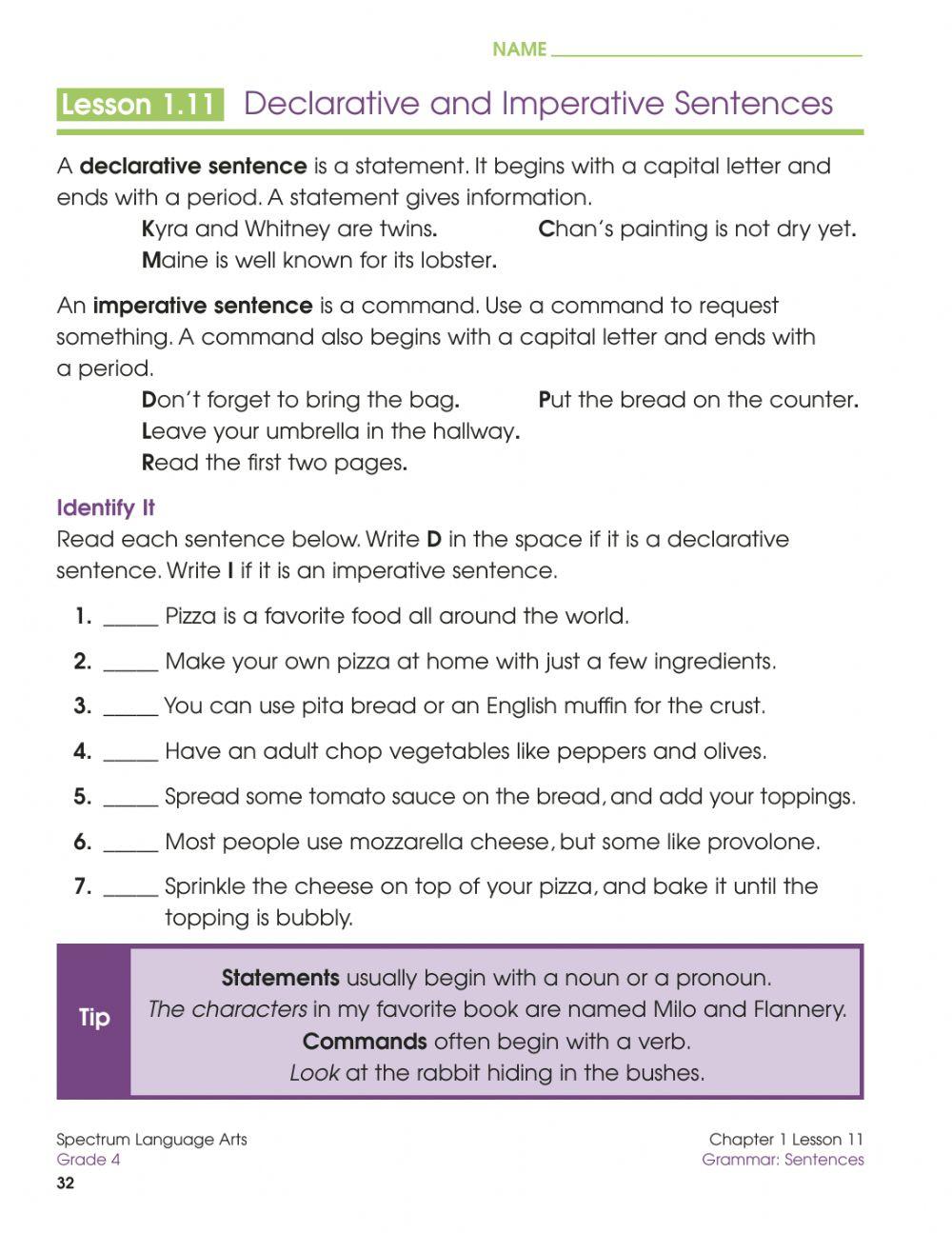 Language Arts 4 pg 32-33 Declarative and Imperative