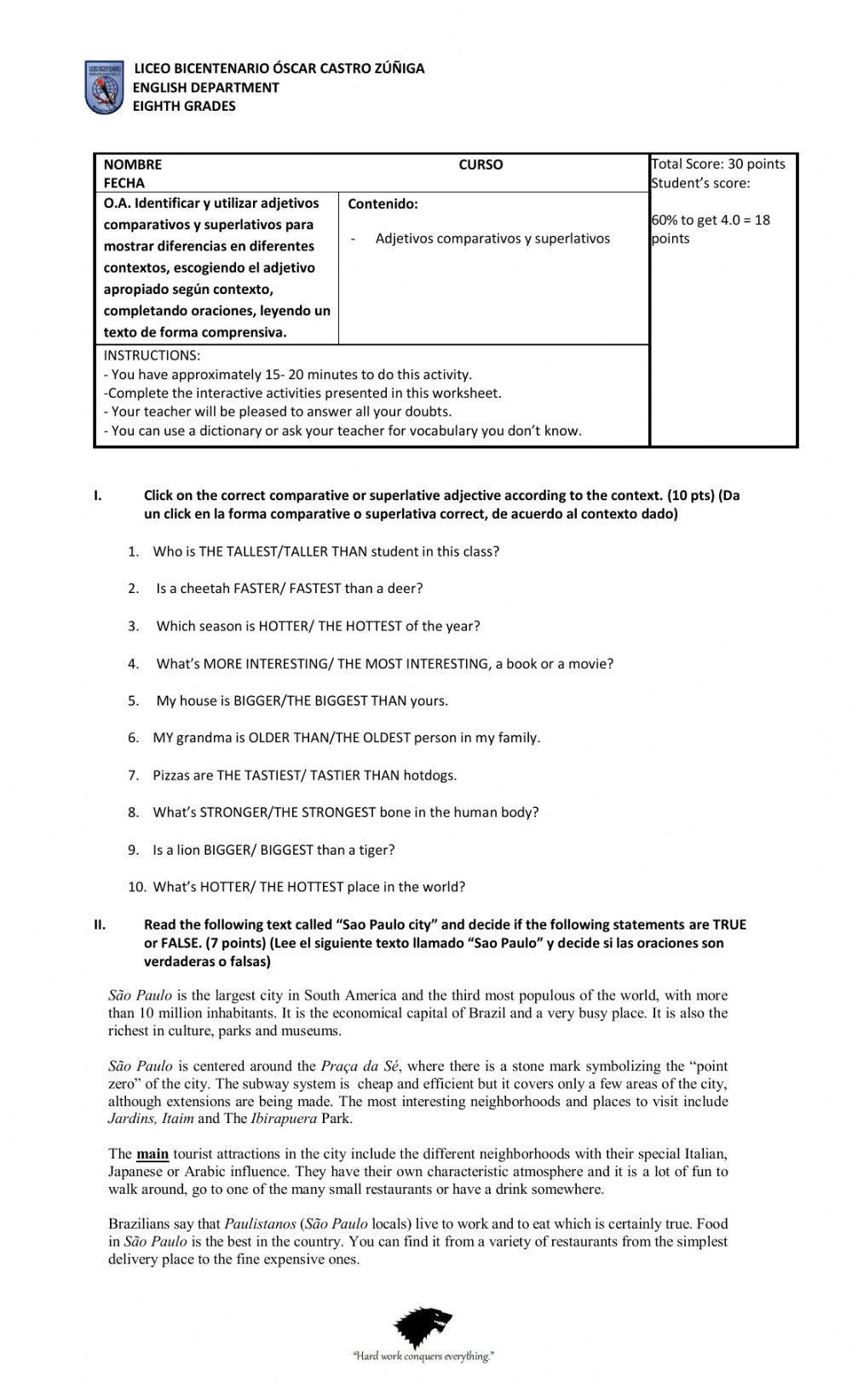 Comparative vs Superlative adjectives Quiz