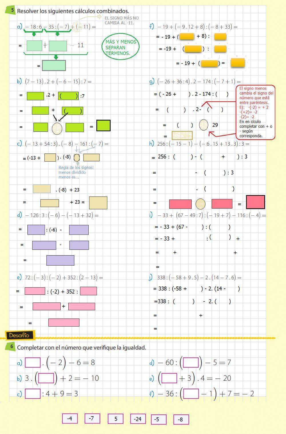 Multiplicación y división de números enteros (Cálculos combinados)