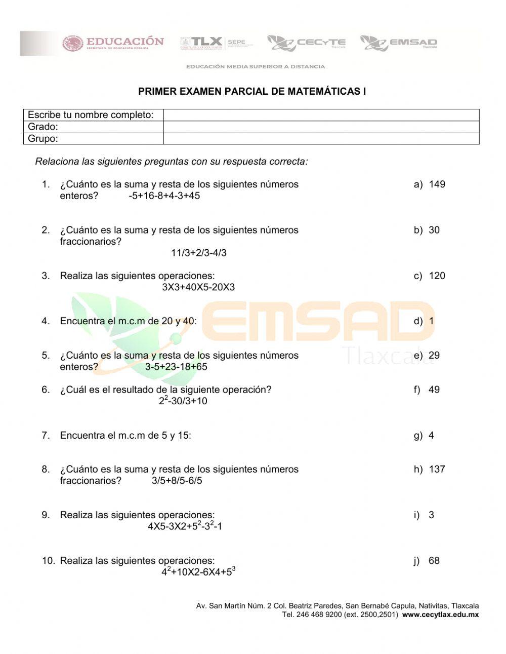 Examen de matemáticas 1 primer parcial