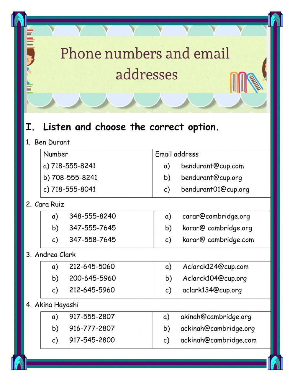 PHONE NUMBERS AND EMAIL ADDRESSES LISTENING