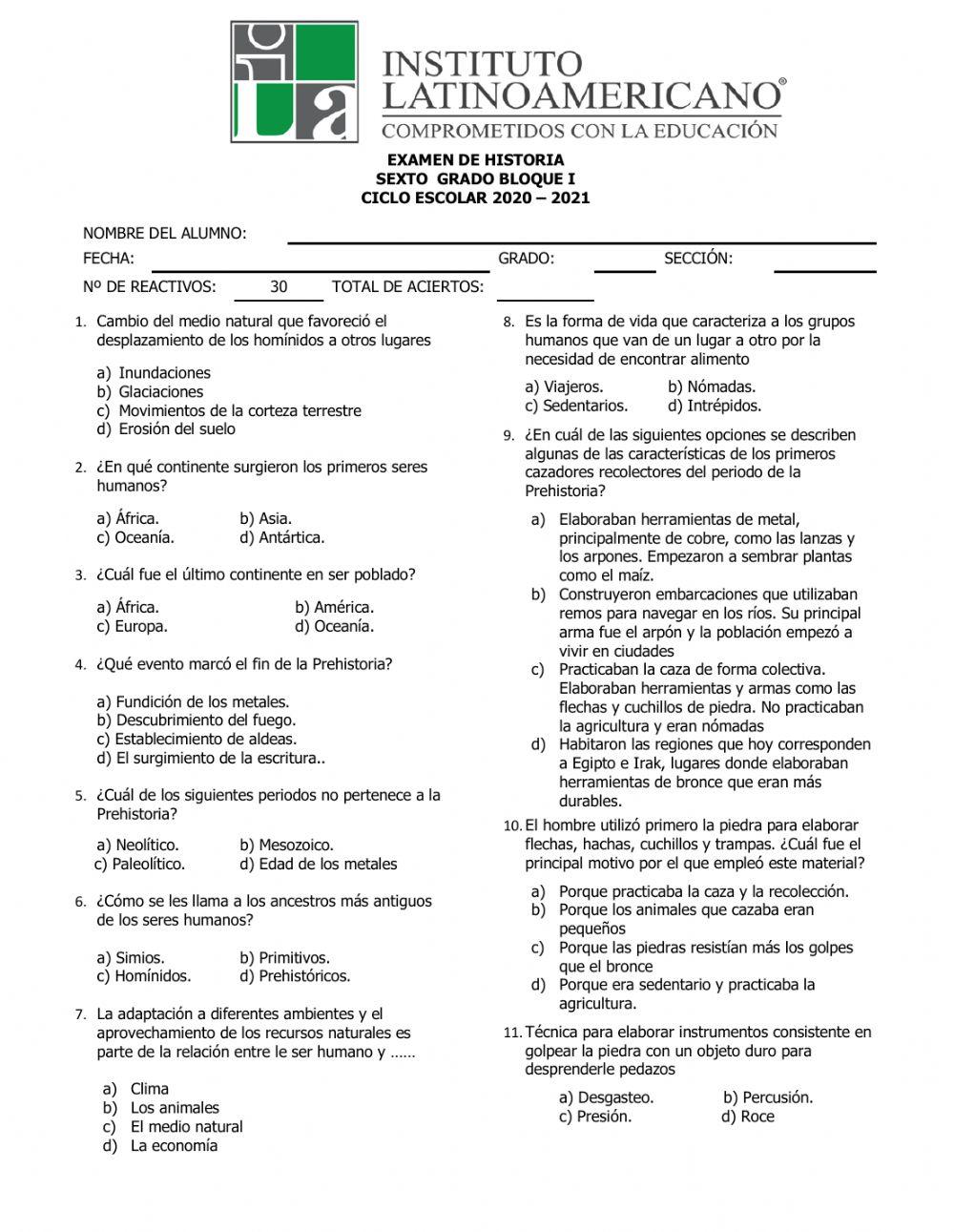 Evaluación bloque I de Historia