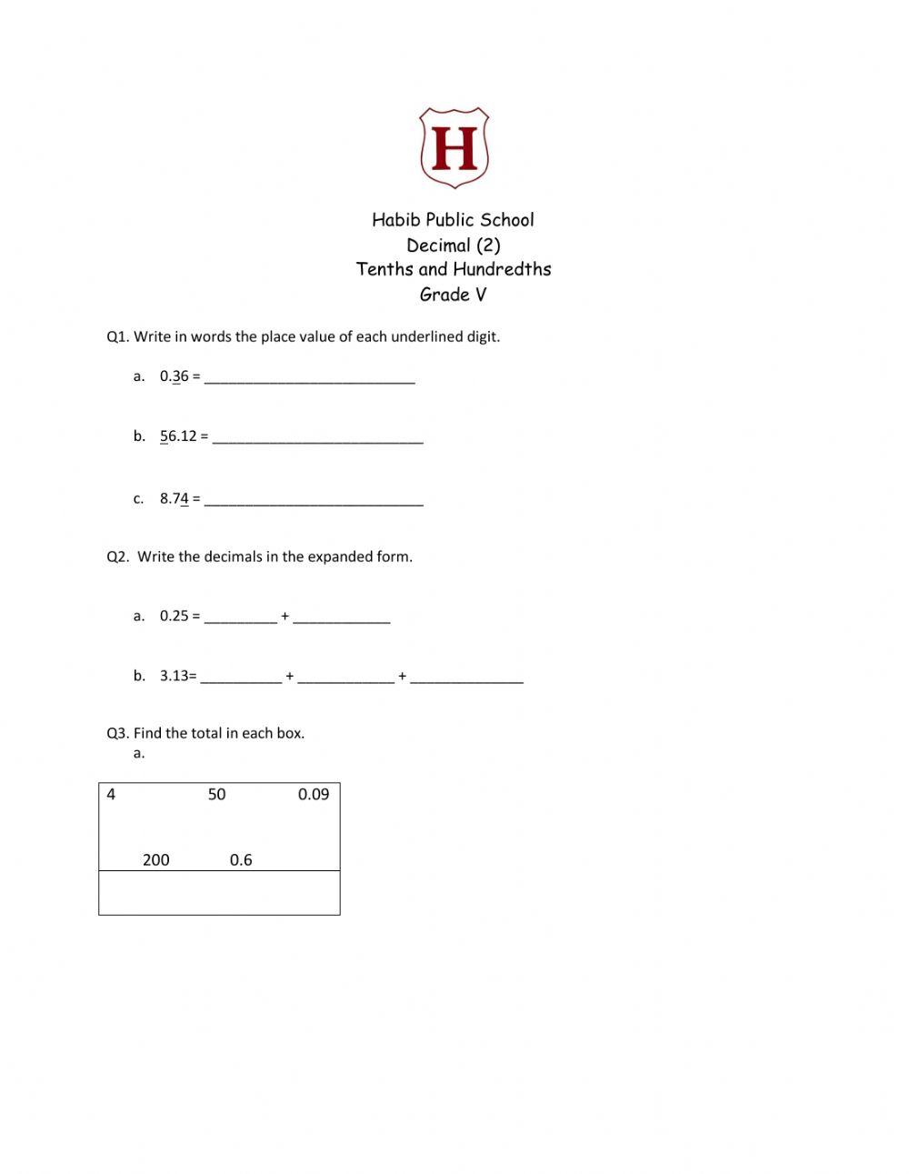 Decimal Tenths and Hundredths