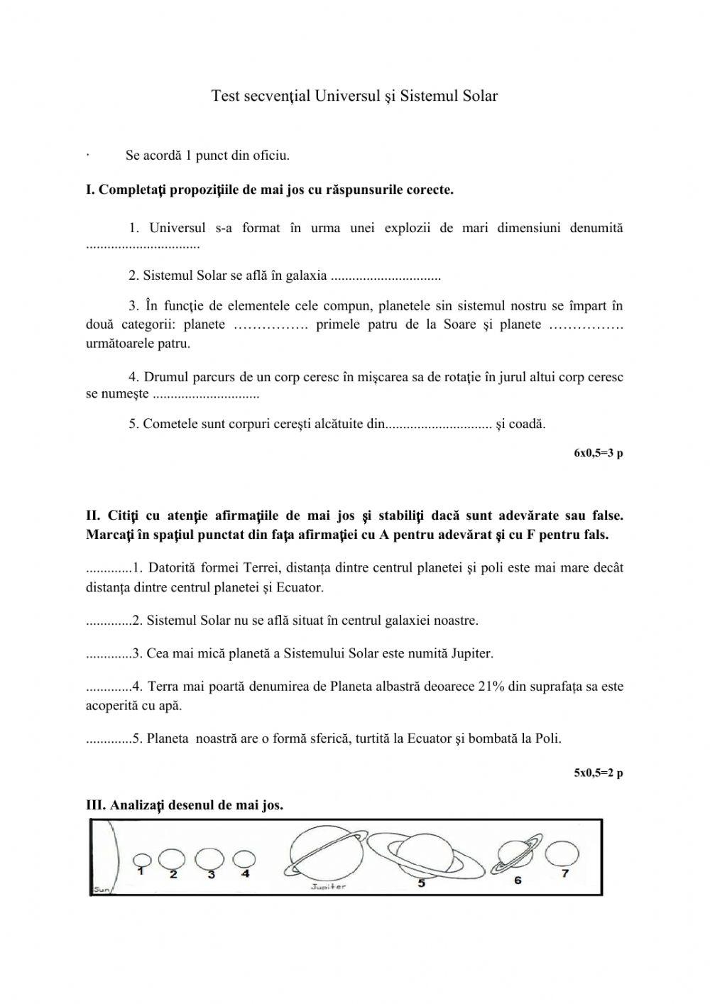 Test secvențial Universul și Sistemul Solar