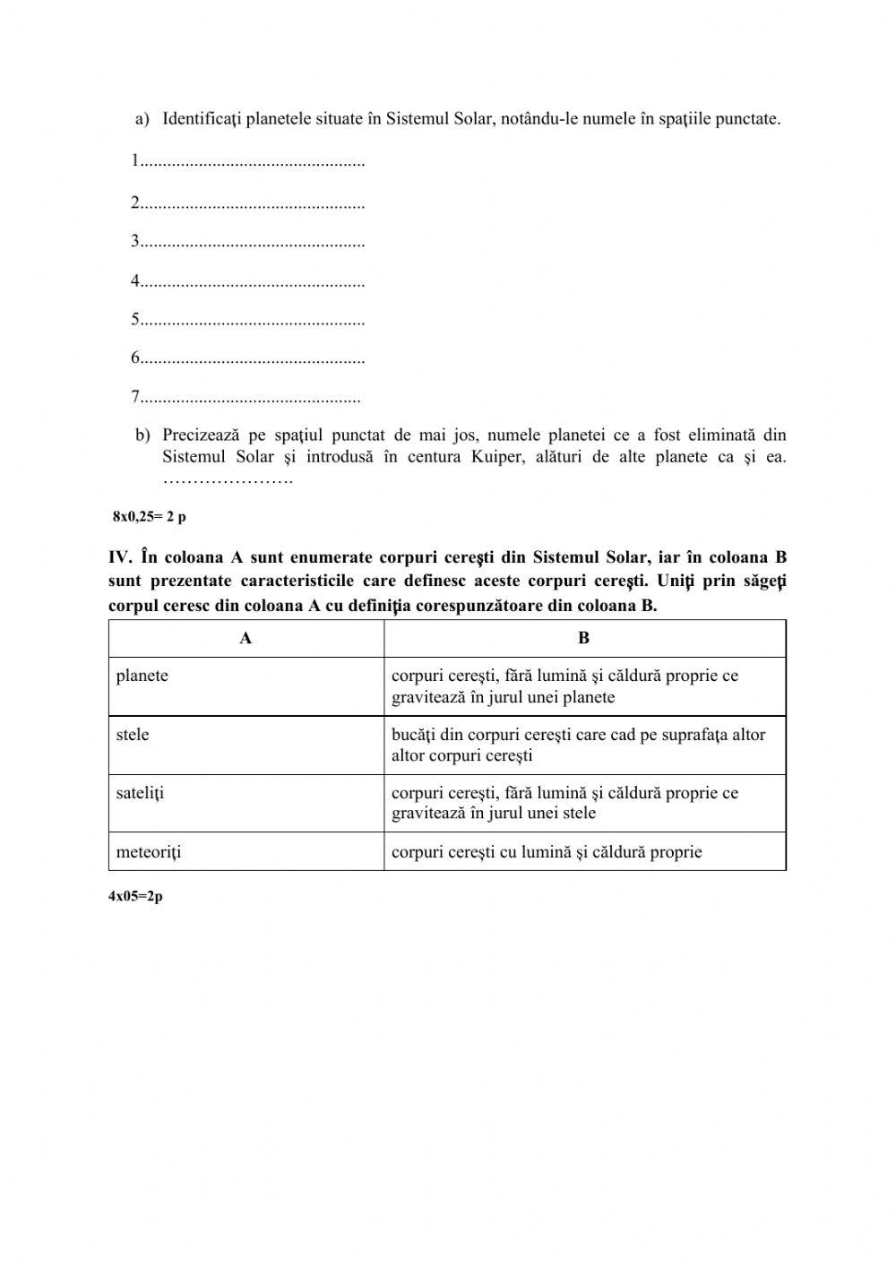Test secvențial Universul și Sistemul Solar