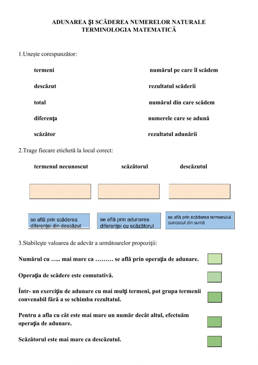 Adunarea și scăderea numerelor naturale- terminologie matematică