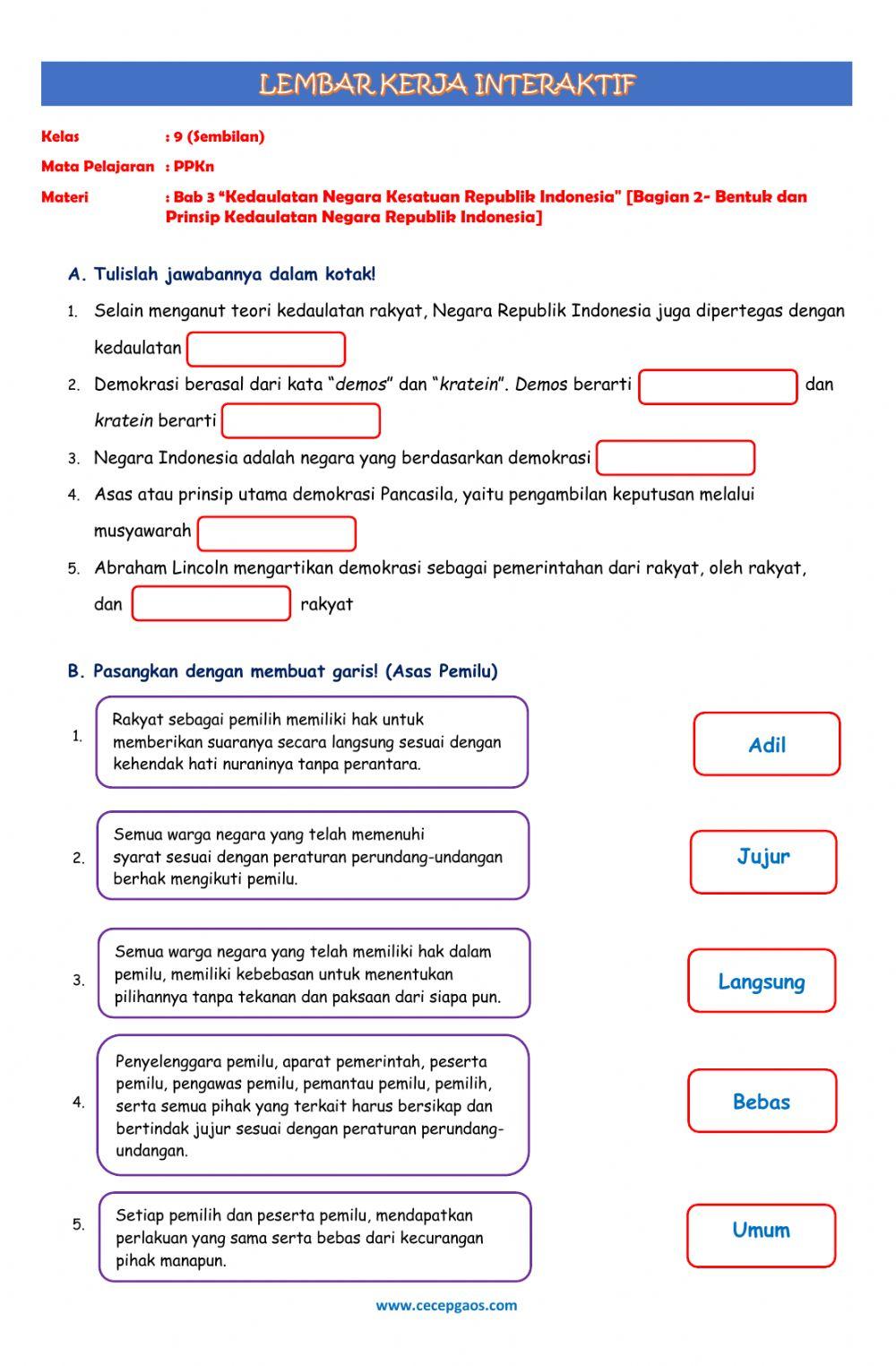 Lembar Kerja Siswa Interaktif PPKn Kelas 9 Bab 3 -Kedaulatan Negara Kesatuan Republik Indonesia- - Bagian 2 - Bentuk dan Prinsip Kedaulatan Negara Republik Indonesia