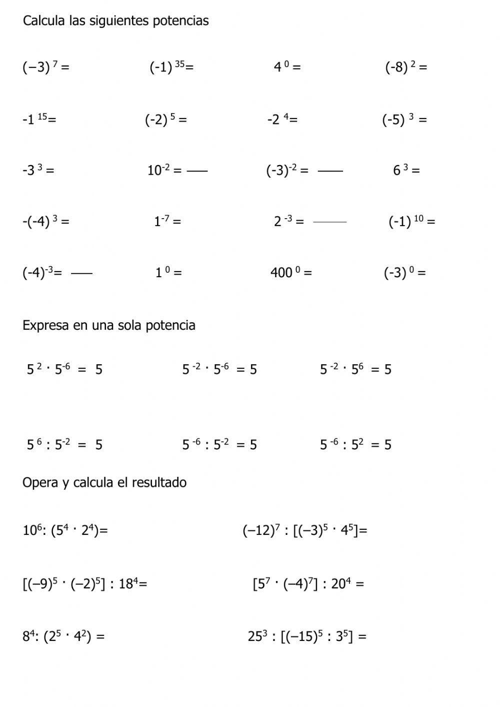Potencias base y exponente enteros Potencias base y exponente enteros