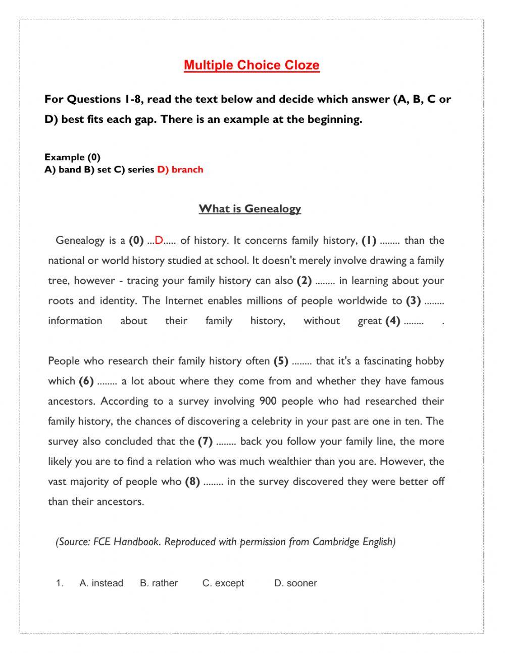 Multiple choice and open cloze exercises online exercise for live