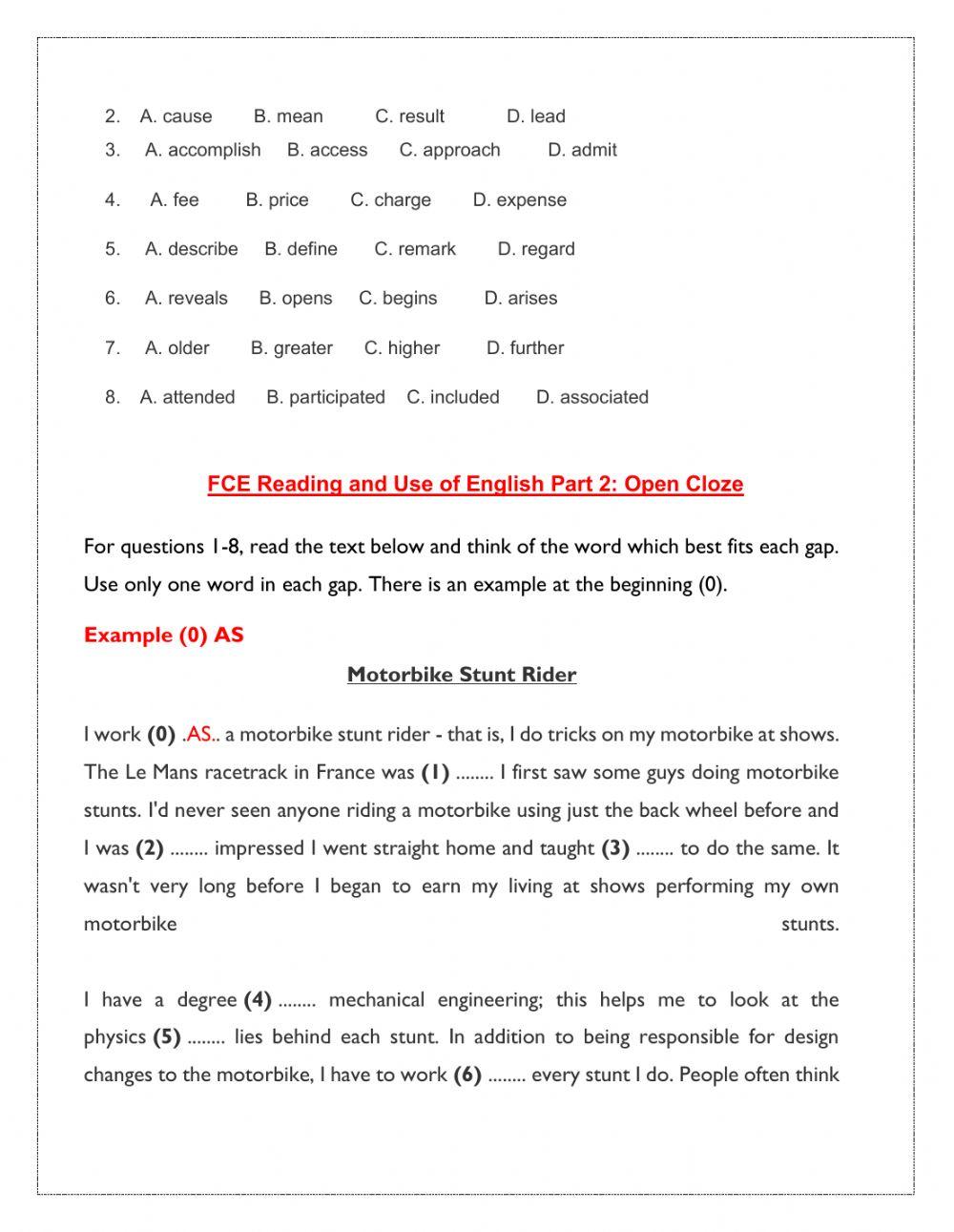 Multiple choice and open cloze exercises online exercise for live