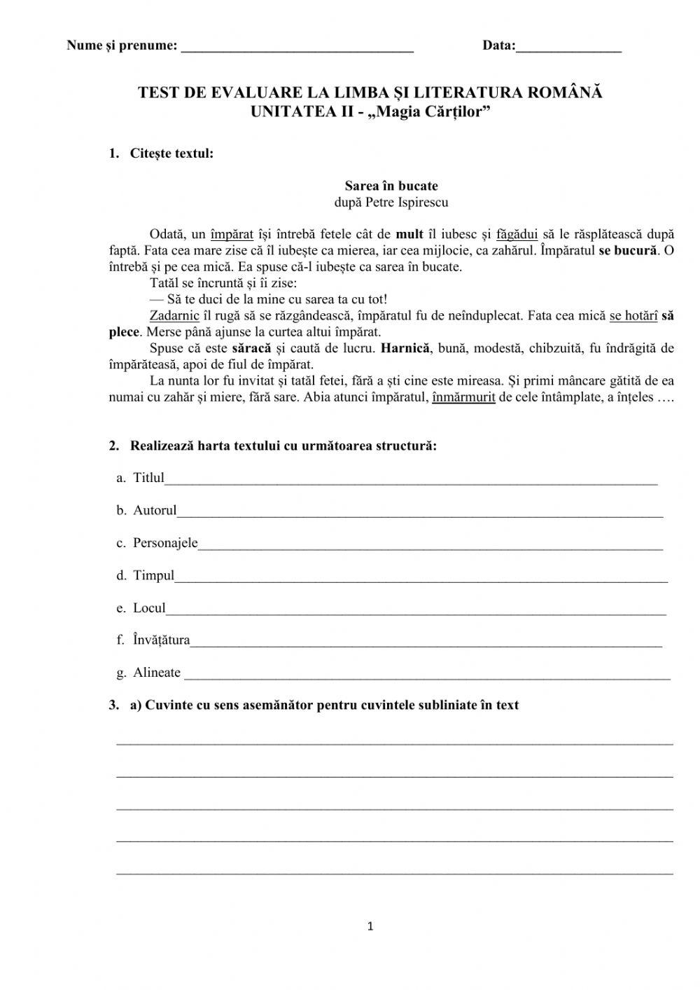 Test de evaluare Limba și Literatura română - Magia Cărților