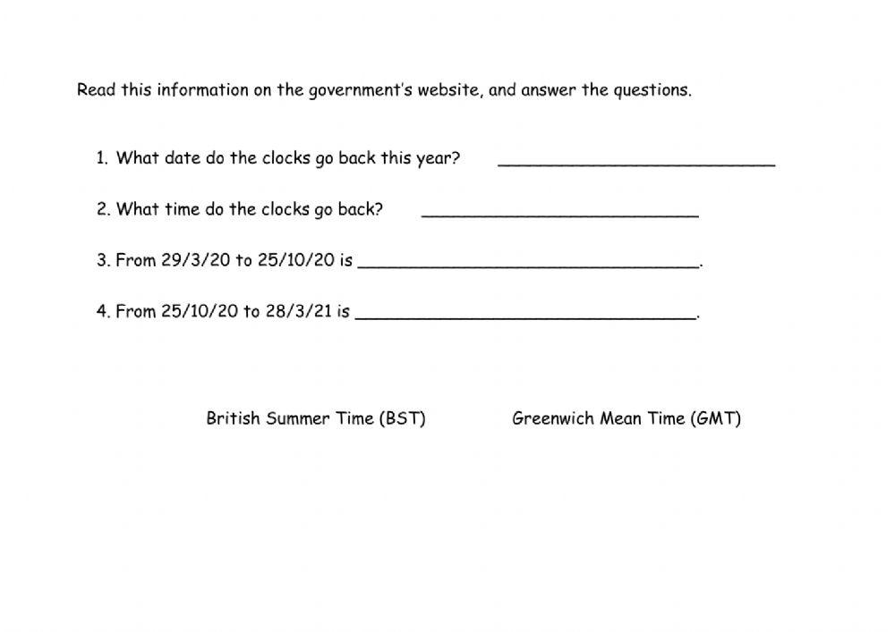 Reading about clocks going back worksheet Live Worksheets