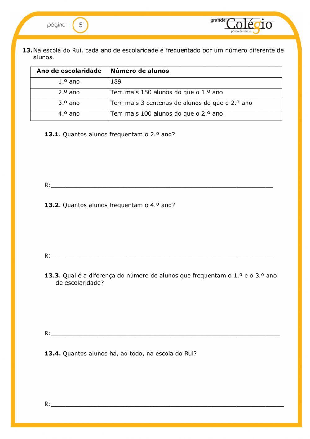 Ficha de avaliação de matemática - 3.º ano