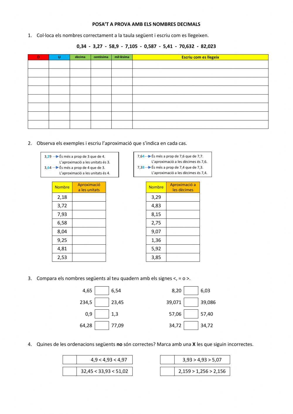 Posa't a prova: els nombres decimals
