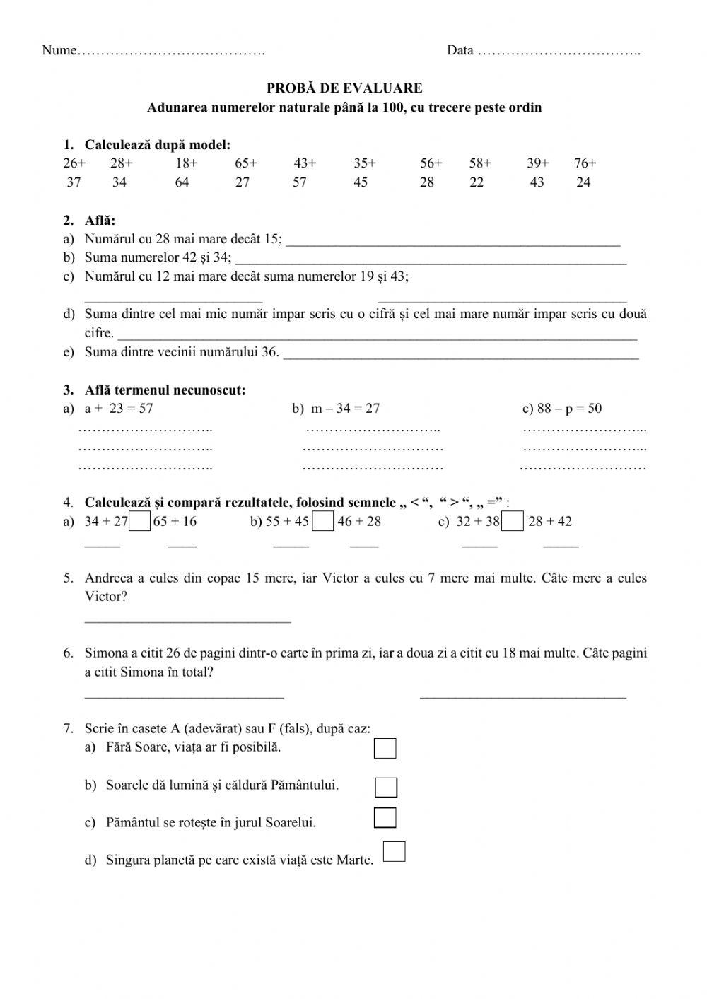 Proba de evaluare, Adunarea cu trecere peste ordin 0-100