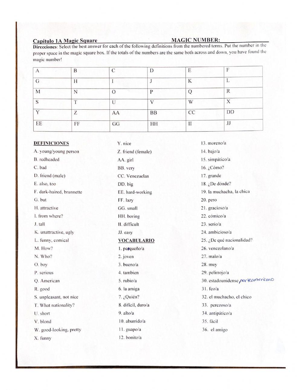Asi Se Dice- Ch. 1 Vocab Magic Square