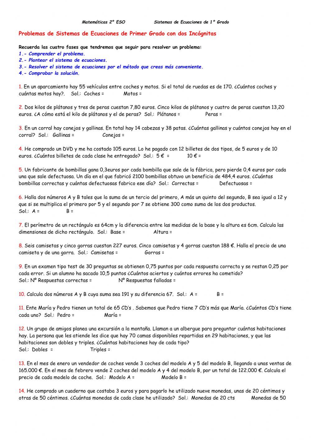 Sistemas de ecuaciones. Problemas