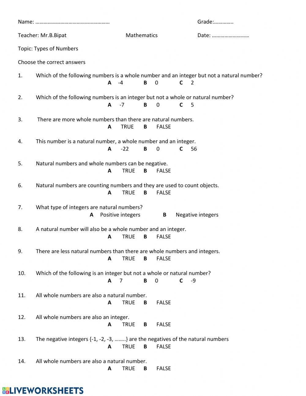 Types of Numbers exercise | Live Worksheets Types of Numbers exercise | Live Worksheets