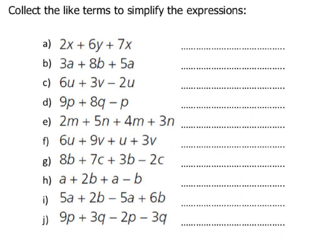 Simplify Algebraic Expressions By collecting like terms