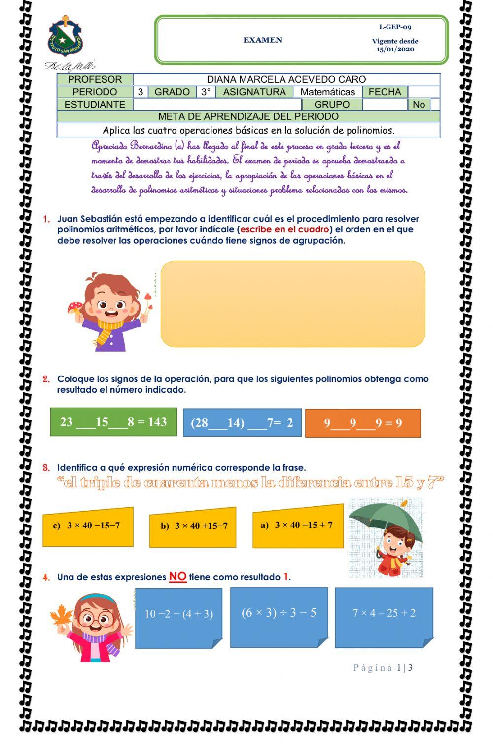 Examen final tercer periodo Tercero