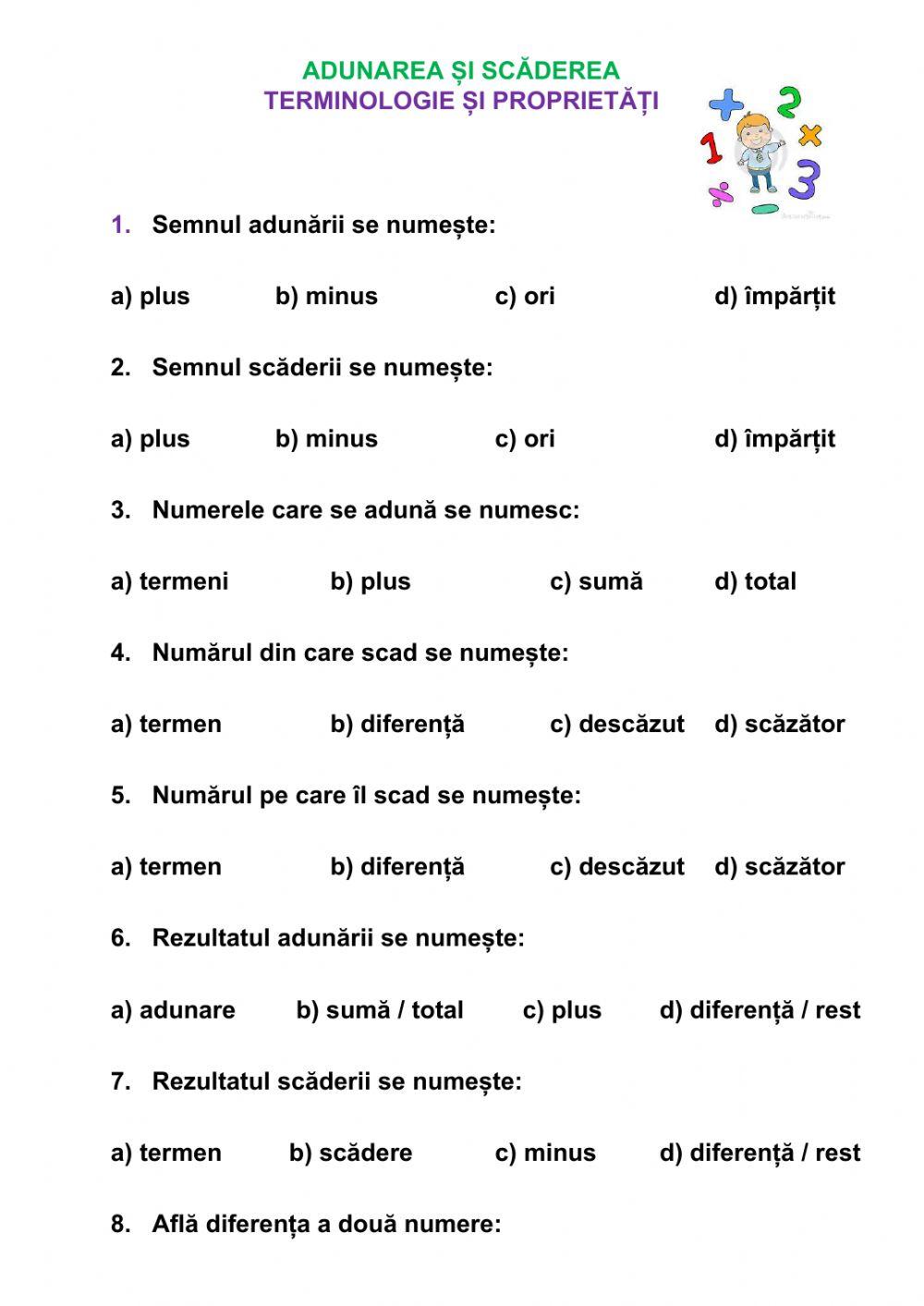 Adunarea și scăderea: terminologie și proprietăți