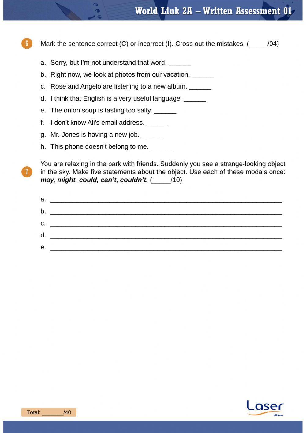 World Link 2 - Written Assessment for Units 1 to 3