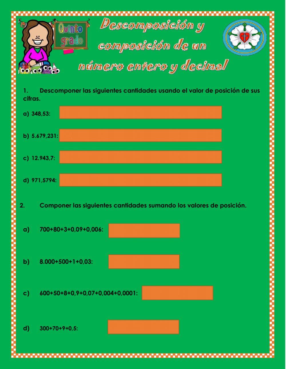 Descomposición y composición enteros y decimales