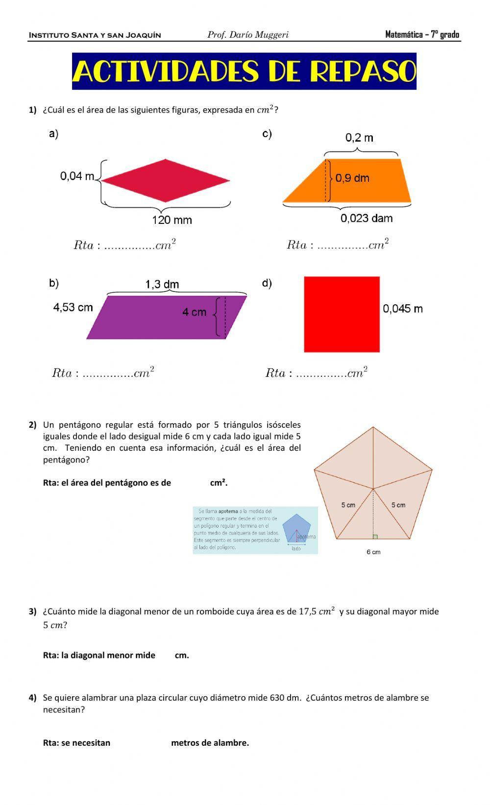 Ejercitación Perímetro y Área de figuras planas