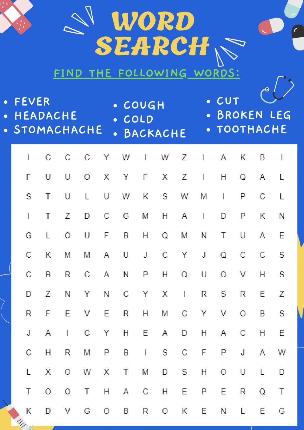 Wordsearch - illness and injuries