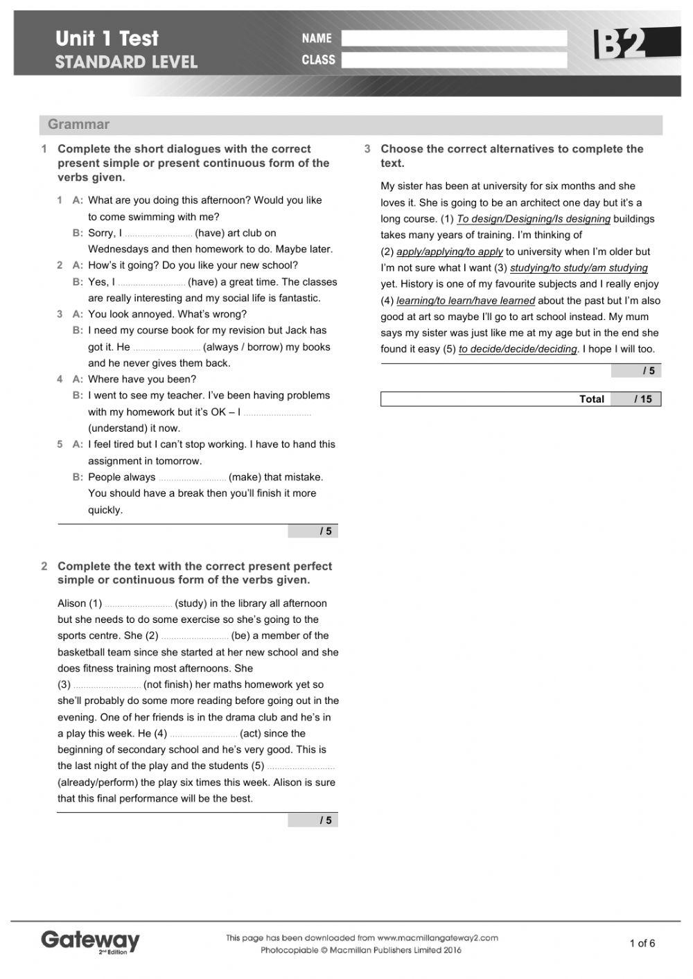 Gateway B2 Unit Test 1 Online Exercise For | Live Worksheets