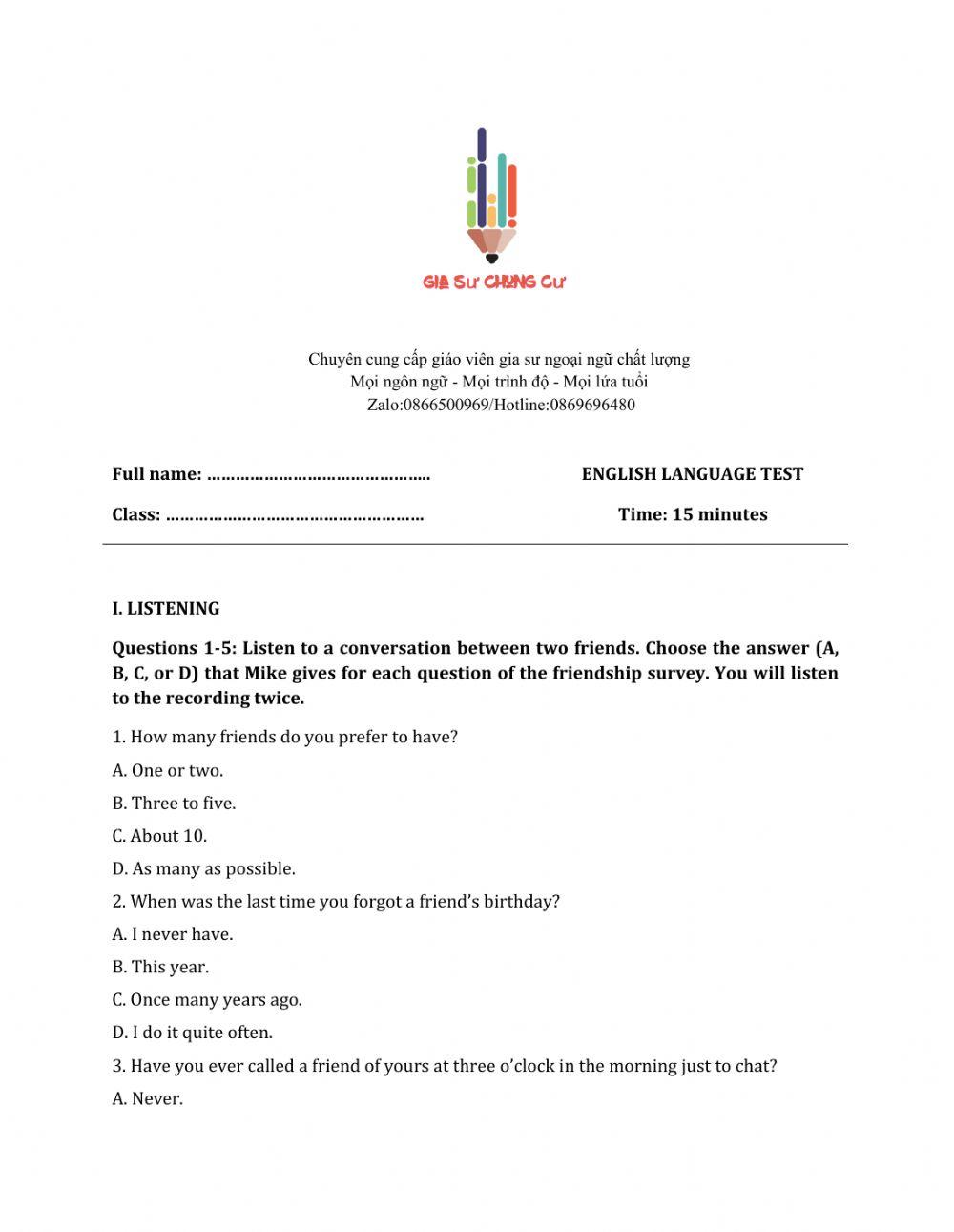 Lớp 11 - Kiểm tra 15 phút - Kỹ năng Nghe + Ngữ âm số 1