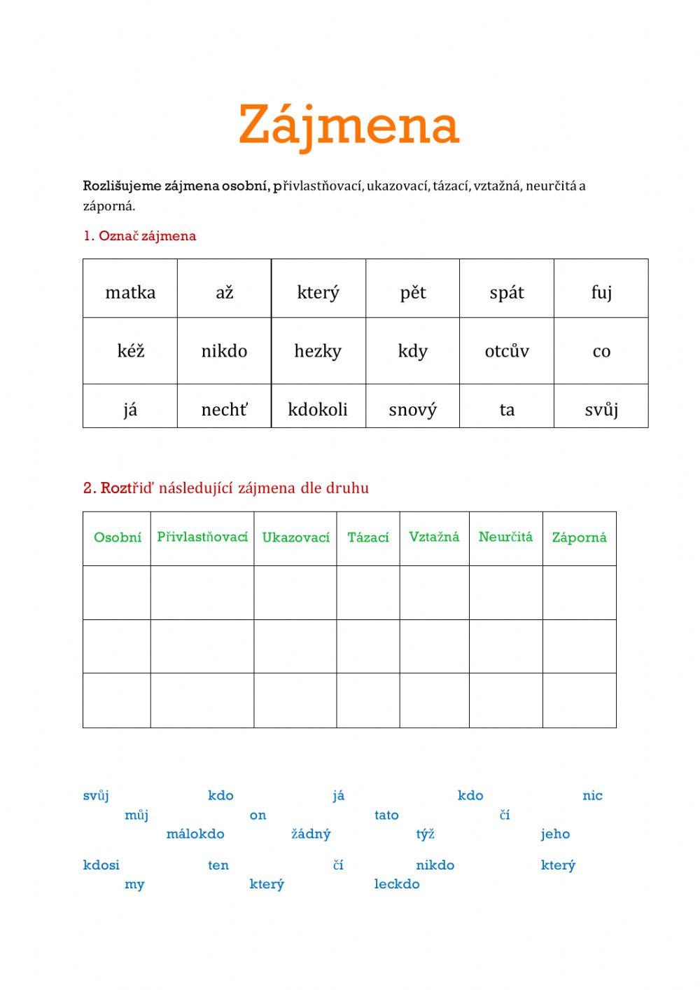 Pracovní list - Zájmena